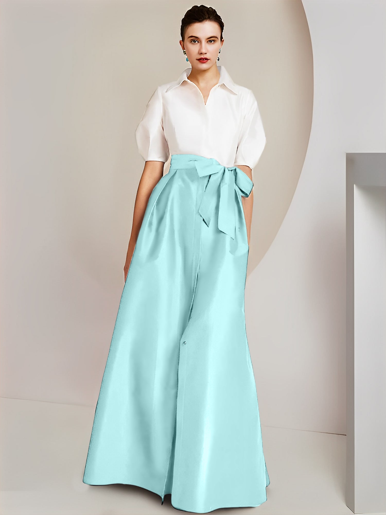 Princess/A-Line Floor-Length 2-Piece Mother of the Bride Dresses with Bowknot and Shirt Collar Short Sleeves