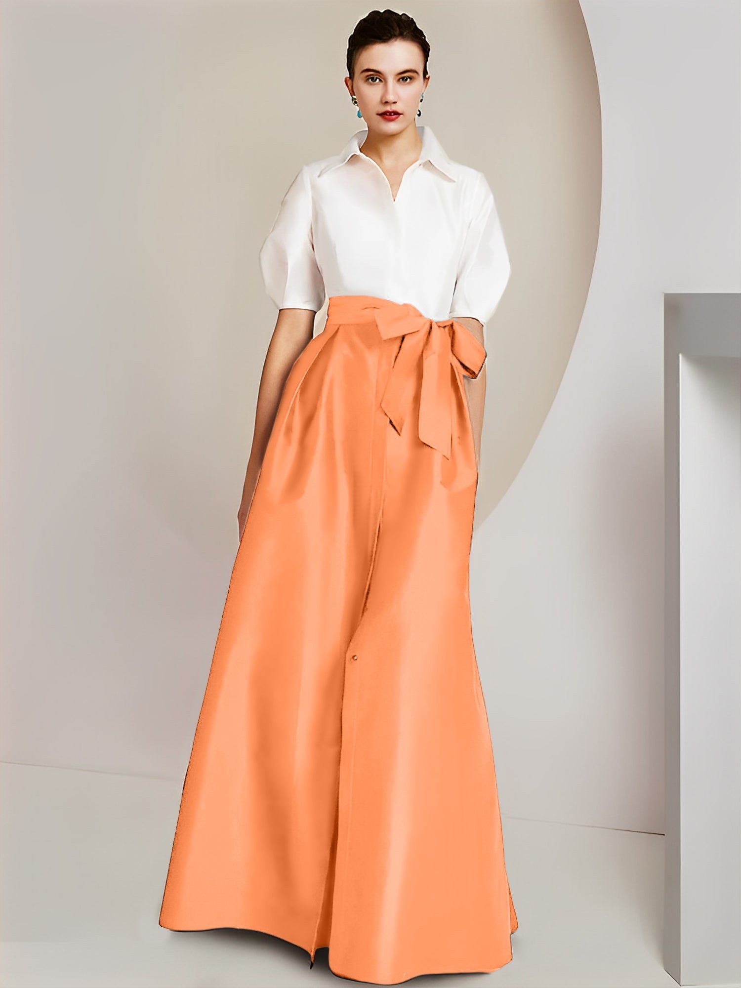 Princess/A-Line Floor-Length 2-Piece Mother of the Bride Dresses with Bowknot and Shirt Collar Short Sleeves