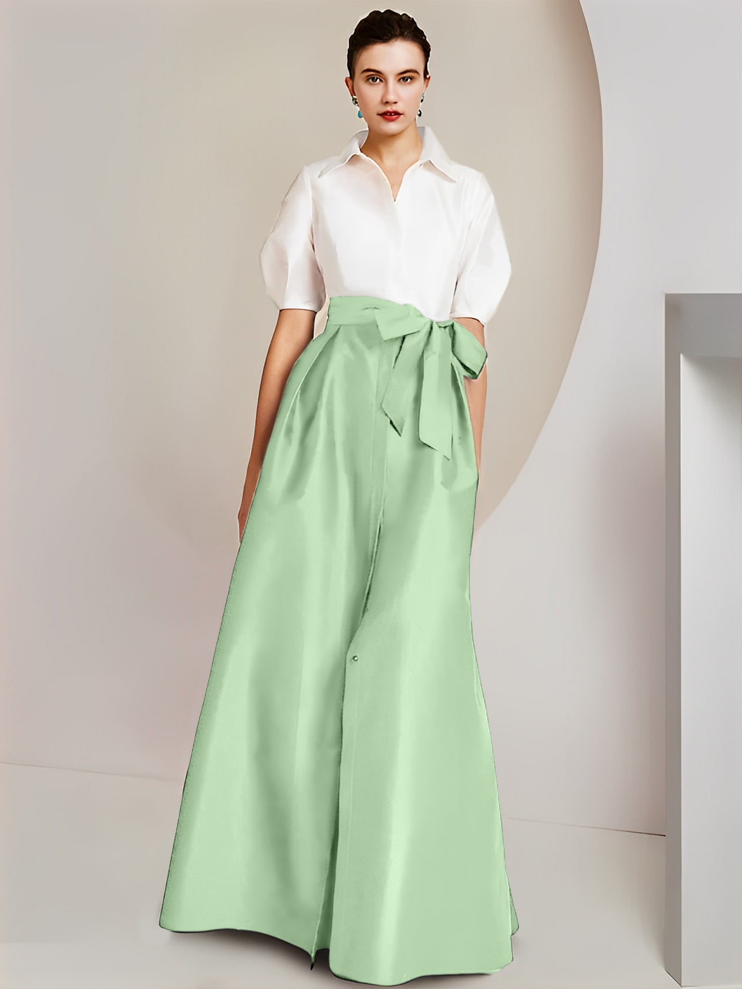 Princess/A-Line Floor-Length 2-Piece Mother of the Bride Dresses with Bowknot and Shirt Collar Short Sleeves