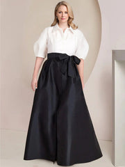 Princess/A-Line Floor-Length 2-Piece Mother of the Bride Dresses with Bowknot and Shirt Collar Short Sleeves