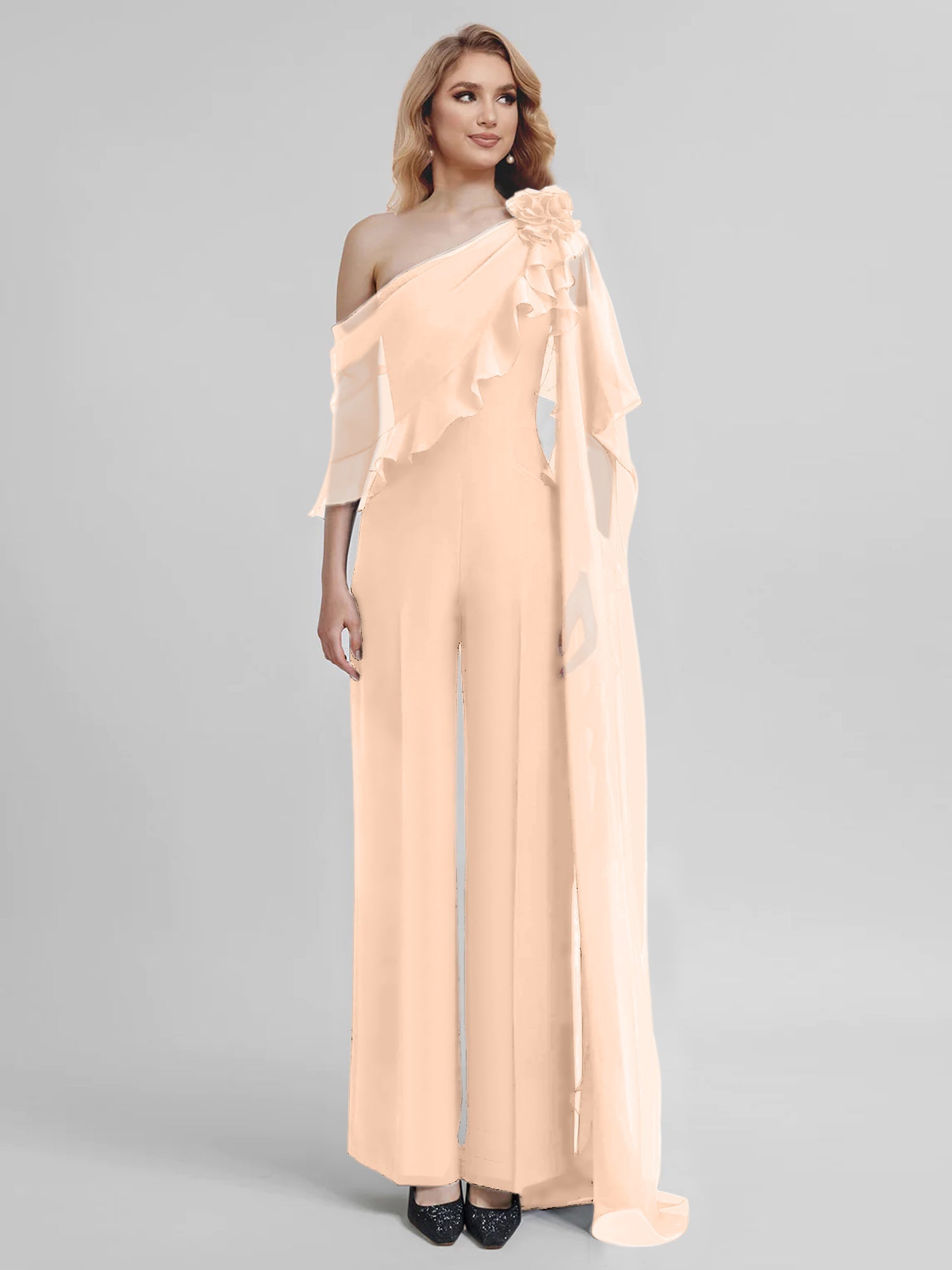 Chiffon One-Shoulder Jumpsuits with Half Sleeves for the Mother of the Bride