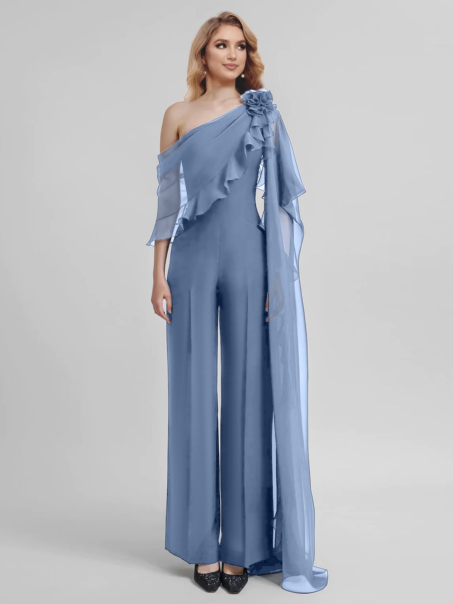 Chiffon One-Shoulder Jumpsuits with Half Sleeves for the Mother of the Bride