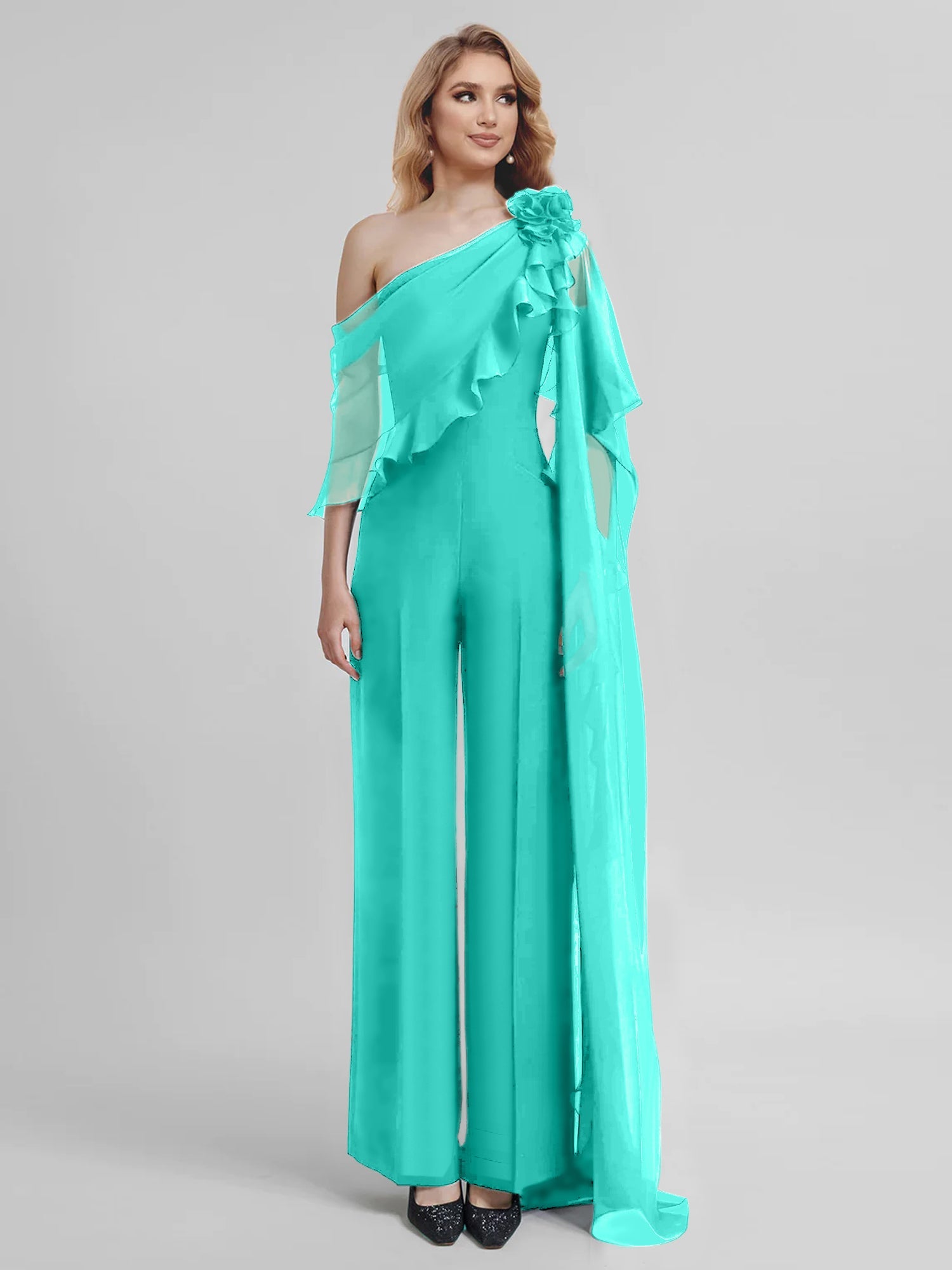 Chiffon One-Shoulder Jumpsuits with Half Sleeves for the Mother of the Bride