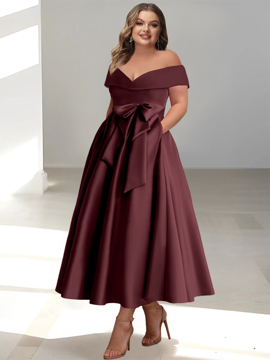 Plus Size Off-the-Shoulder Sleeveless A-Line/Princess Mother of the Bride Ankle-Length Dress with Pockets