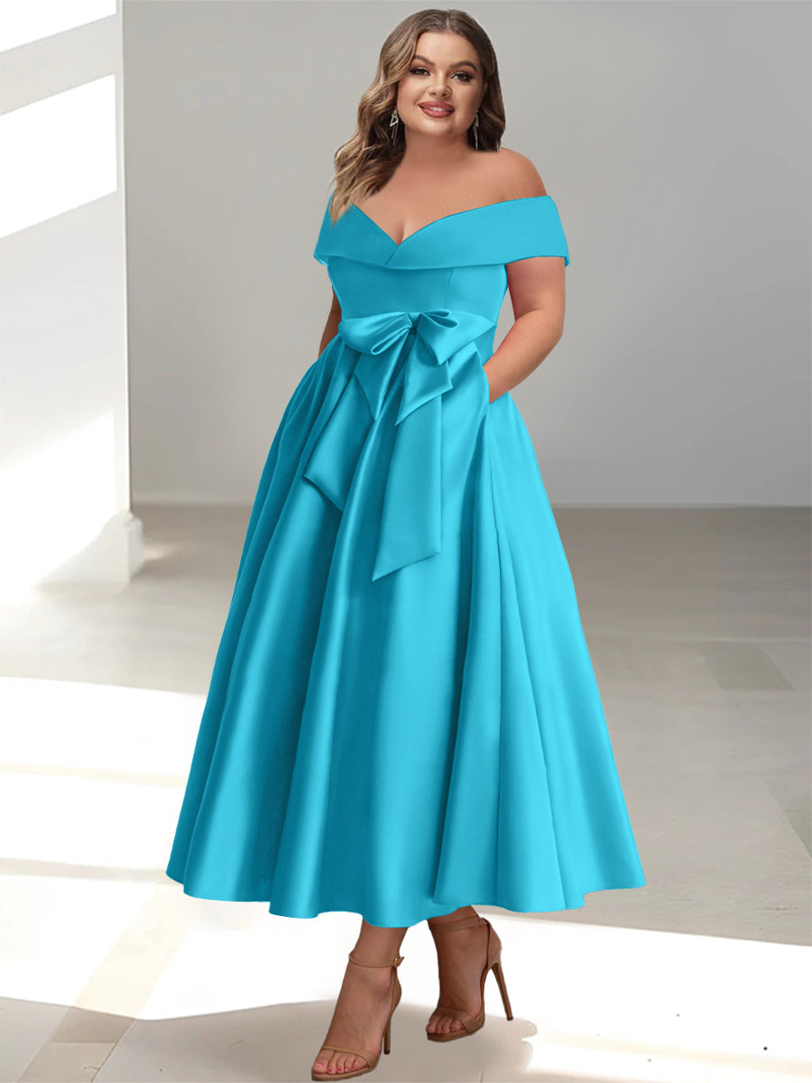 Plus Size Off-the-Shoulder Sleeveless A-Line/Princess Mother of the Bride Ankle-Length Dress with Pockets