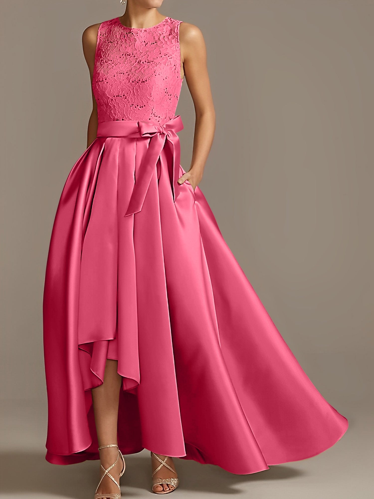 Asymmetrical Princess A-Line Sleeveless Mother Of The Bride Dress With Jewel Neck And Pleats