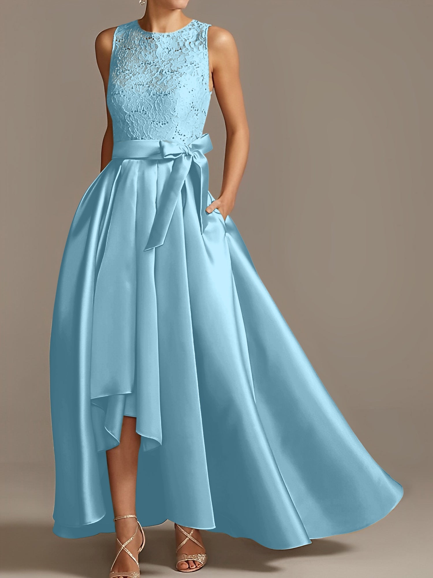 Asymmetrical Princess A-Line Sleeveless Mother Of The Bride Dress With Jewel Neck And Pleats