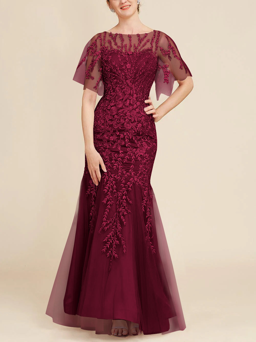 Floor-Length Mother of the Bride Lace Dresses with Trumpet/Mermaid Scoop Half Sleeves