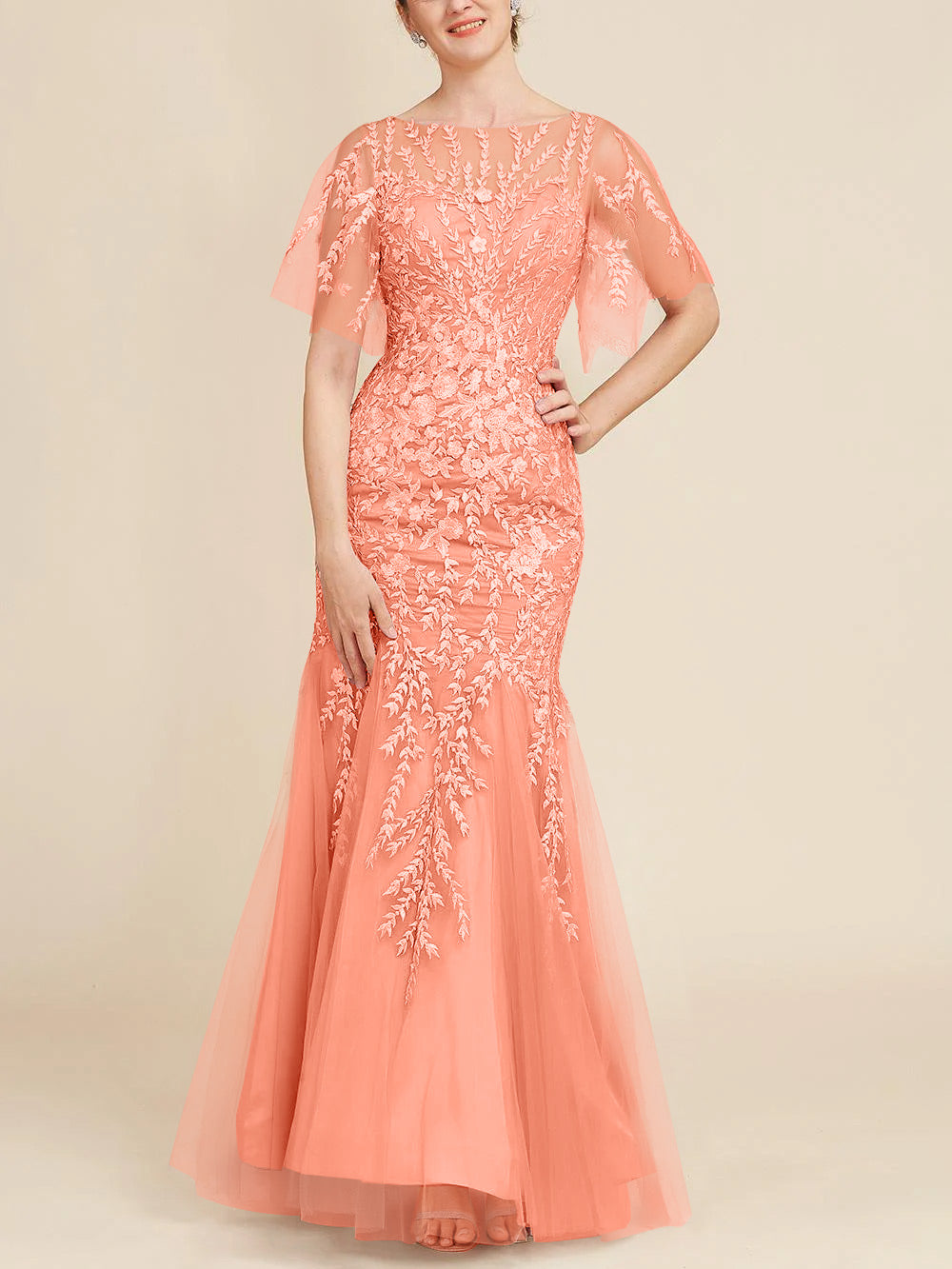 Floor-Length Mother of the Bride Lace Dresses with Trumpet/Mermaid Scoop Half Sleeves