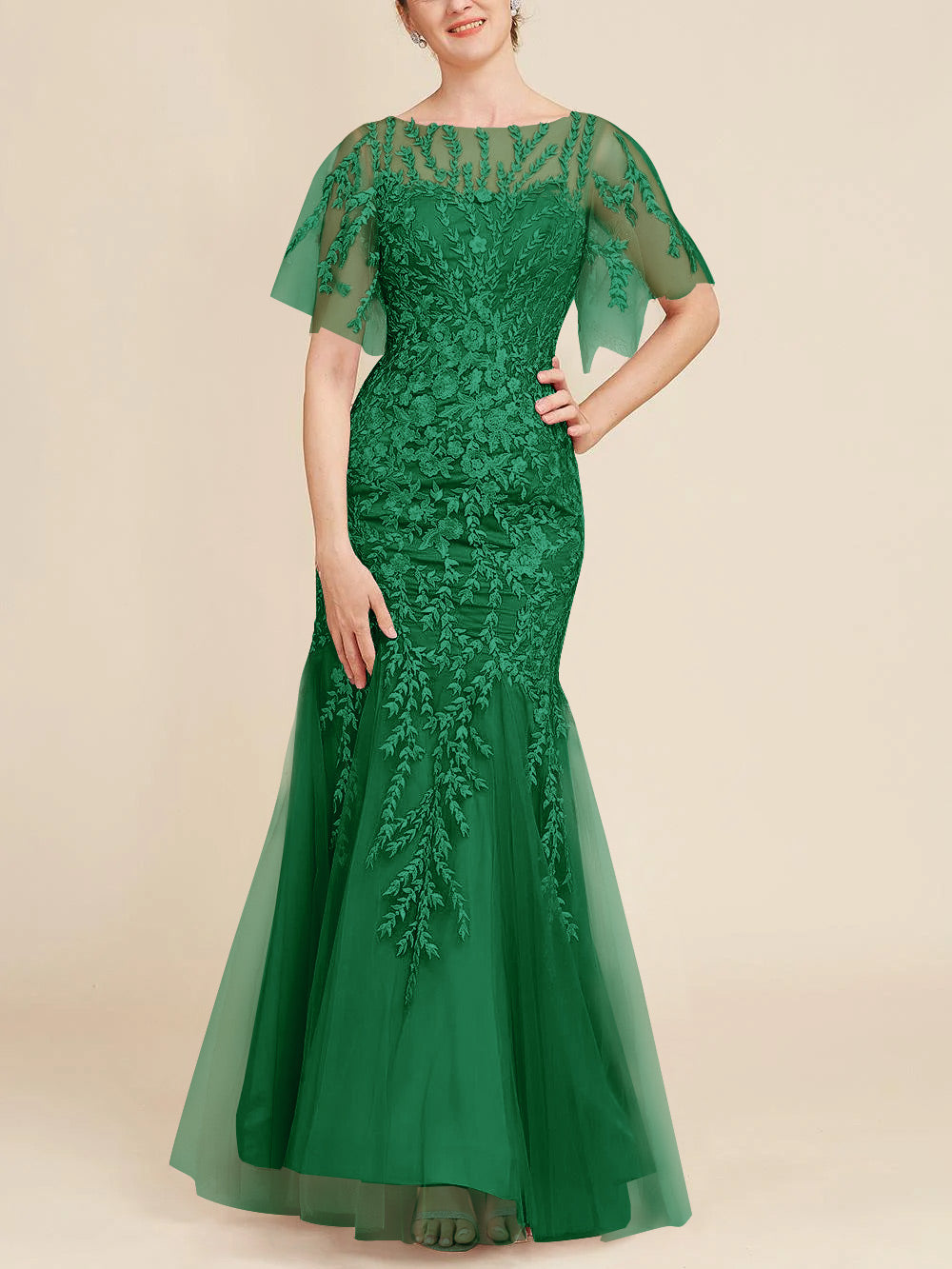 Floor-Length Mother of the Bride Lace Dresses with Trumpet/Mermaid Scoop Half Sleeves
