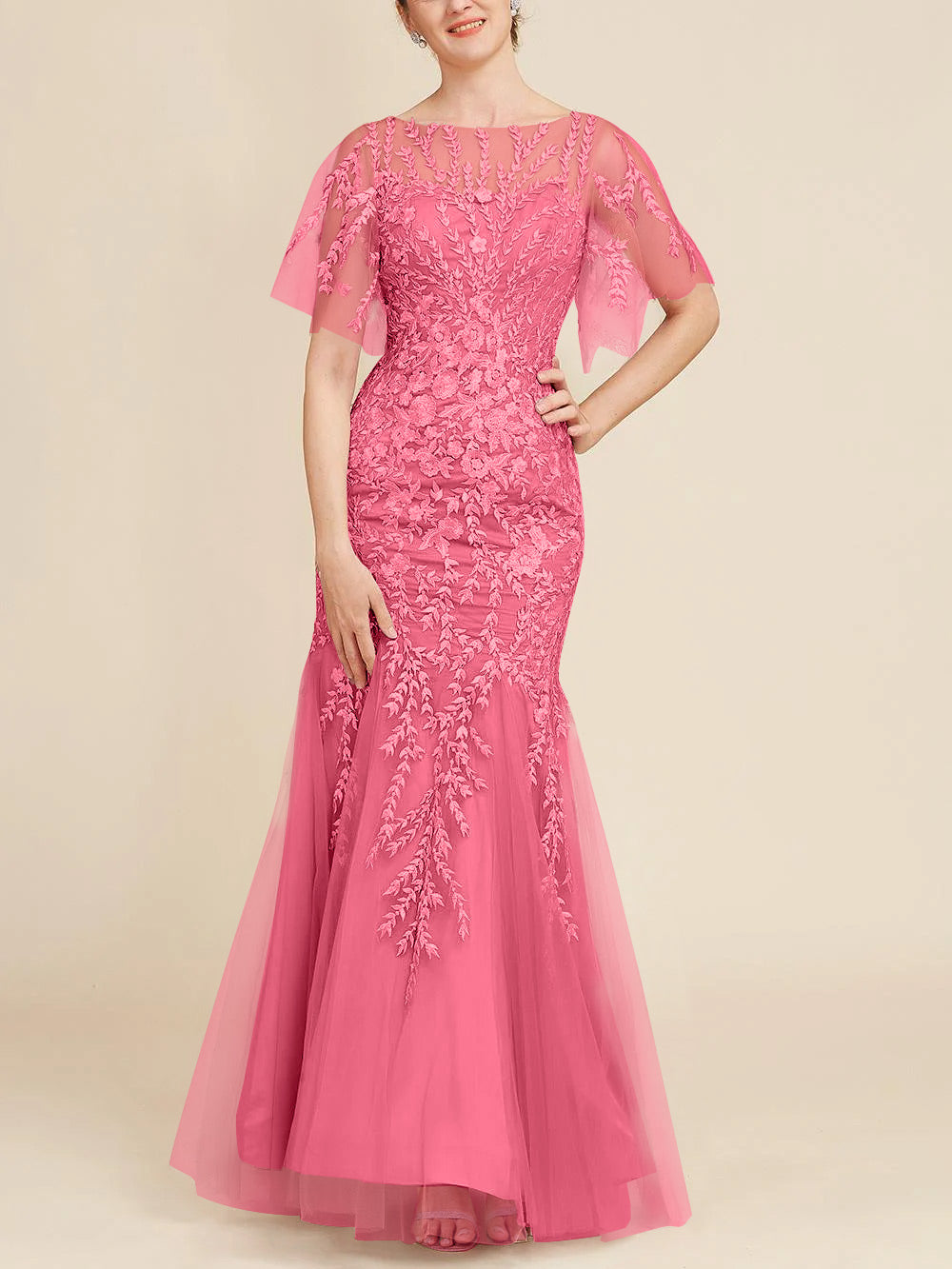 Floor-Length Mother of the Bride Lace Dresses with Trumpet/Mermaid Scoop Half Sleeves