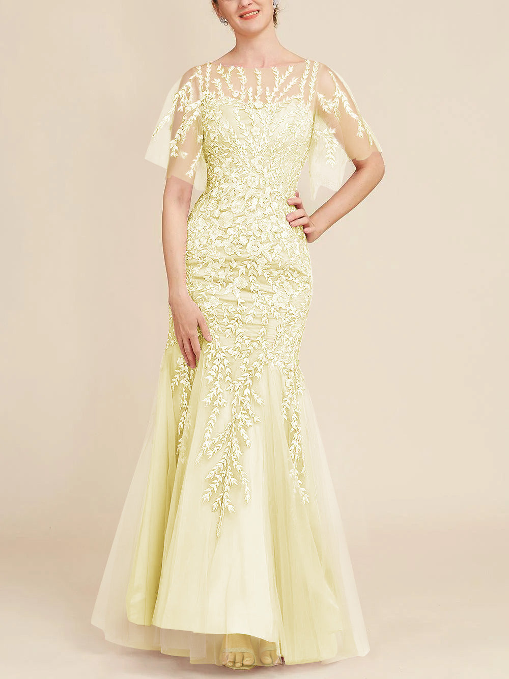 Floor-Length Mother of the Bride Lace Dresses with Trumpet/Mermaid Scoop Half Sleeves