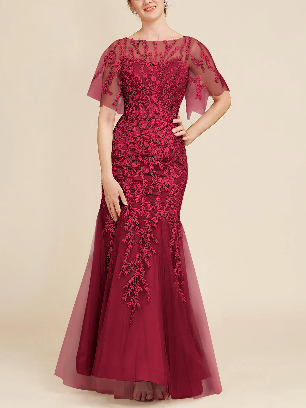 Floor-Length Mother of the Bride Lace Dresses with Trumpet/Mermaid Scoop Half Sleeves