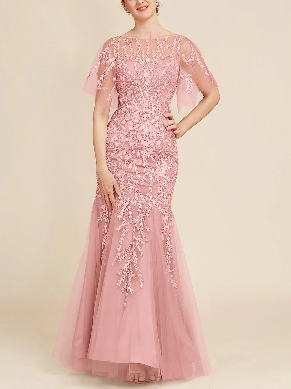 Floor-Length Mother of the Bride Lace Dresses with Trumpet/Mermaid Scoop Half Sleeves