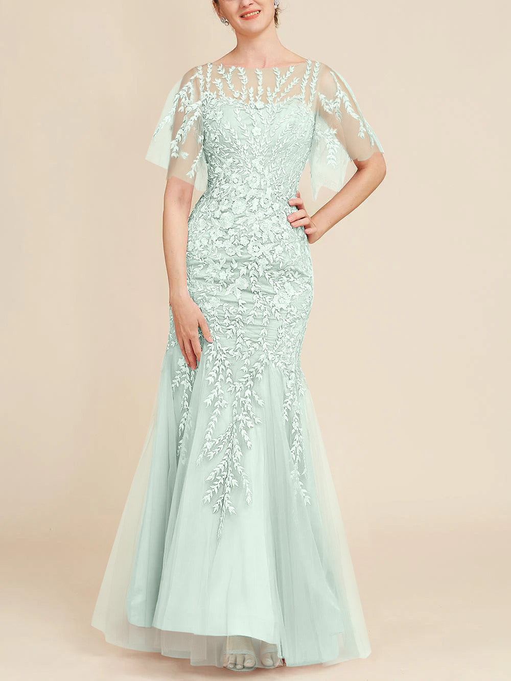 Floor-Length Mother of the Bride Lace Dresses with Trumpet/Mermaid Scoop Half Sleeves