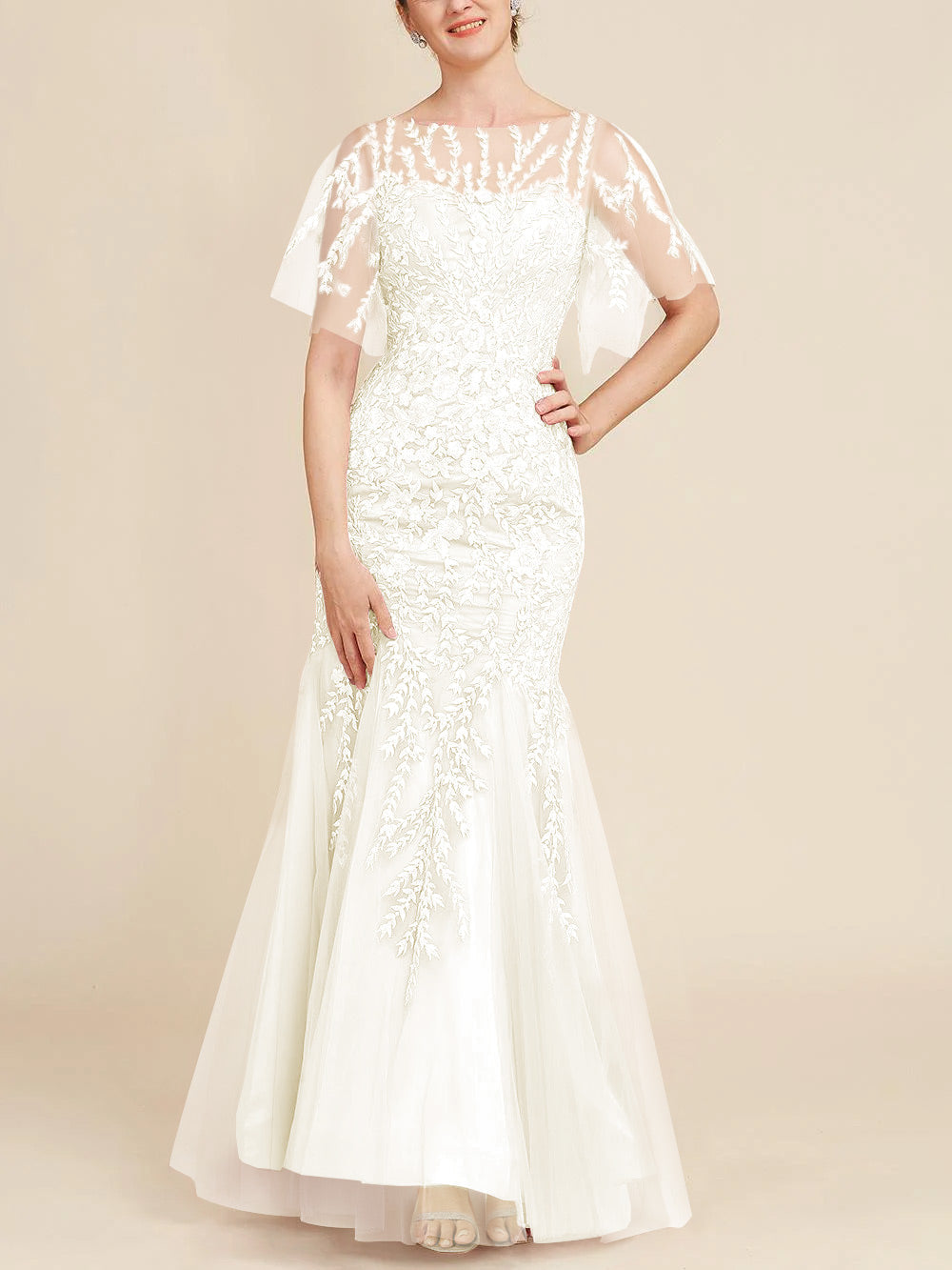 Floor-Length Mother of the Bride Lace Dresses with Trumpet/Mermaid Scoop Half Sleeves
