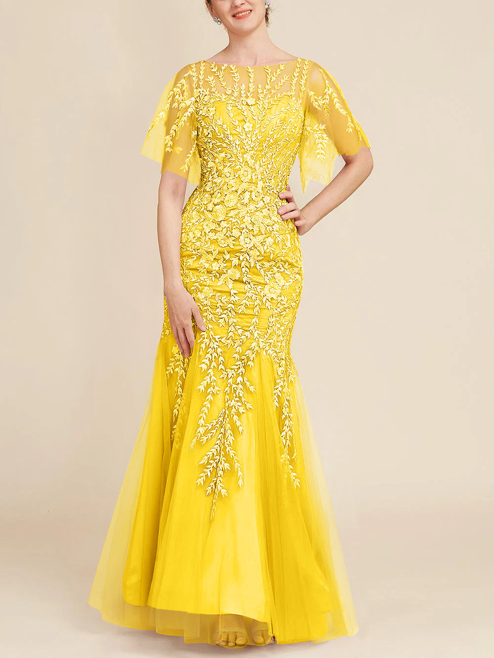 Floor-Length Mother of the Bride Lace Dresses with Trumpet/Mermaid Scoop Half Sleeves