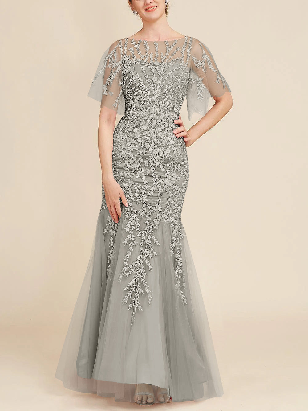 Floor-Length Mother of the Bride Lace Dresses with Trumpet/Mermaid Scoop Half Sleeves