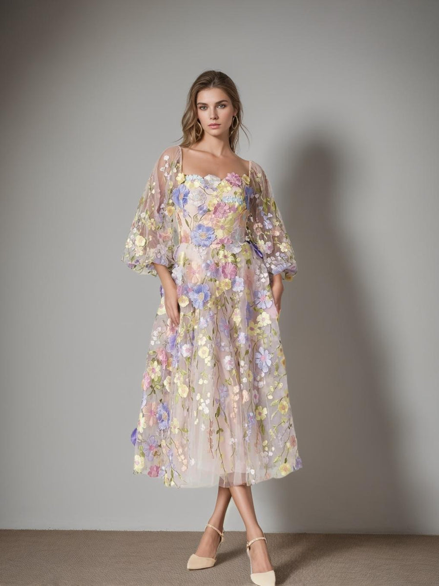 Princess A-Line Tea-Length Mother of the Bride Dress with Square Neck and Long Sleeves Featuring Appliques