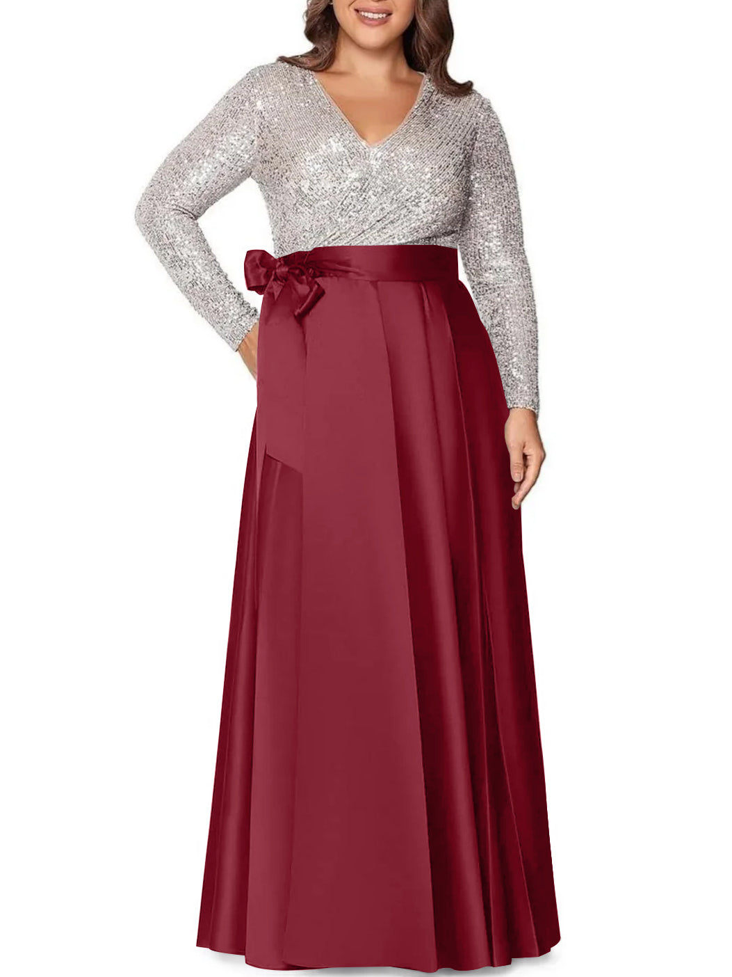 V-Neck A-Line Princess Floor-Length Plus Size Mother of the Bride Dress With Long Sleeves and Pocket Sequins