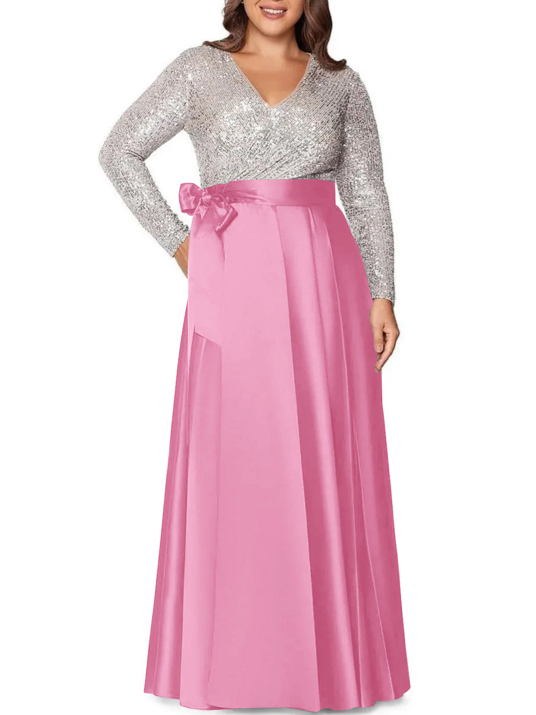 V-Neck A-Line Princess Floor-Length Plus Size Mother of the Bride Dress With Long Sleeves and Pocket Sequins