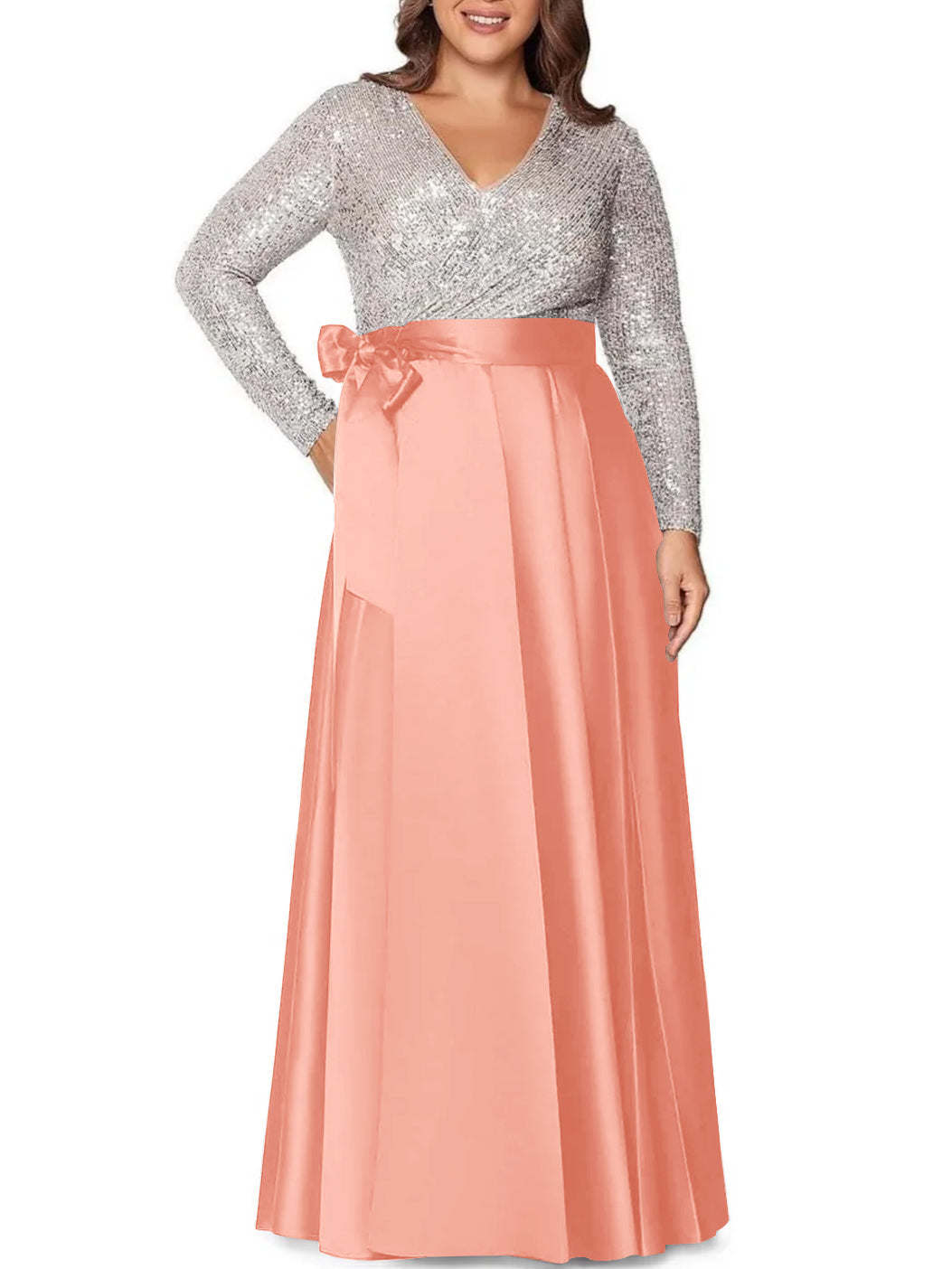 V-Neck A-Line Princess Floor-Length Plus Size Mother of the Bride Dress With Long Sleeves and Pocket Sequins