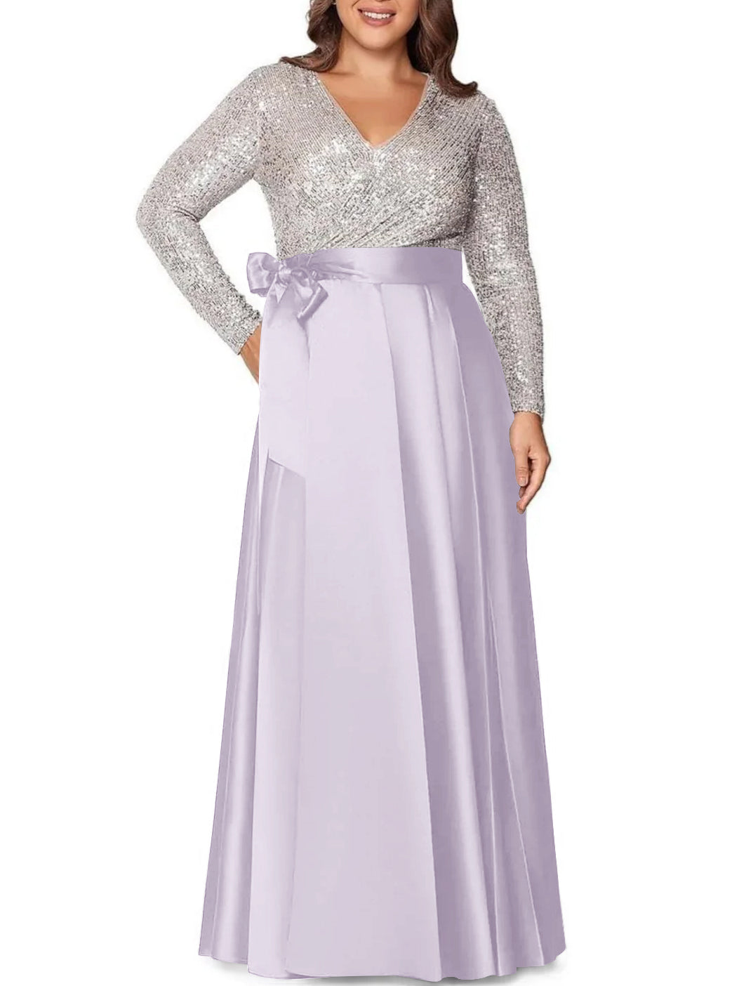 V-Neck A-Line Princess Floor-Length Plus Size Mother of the Bride Dress With Long Sleeves and Pocket Sequins
