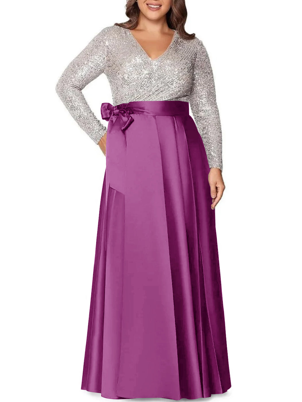 V-Neck A-Line Princess Floor-Length Plus Size Mother of the Bride Dress With Long Sleeves and Pocket Sequins