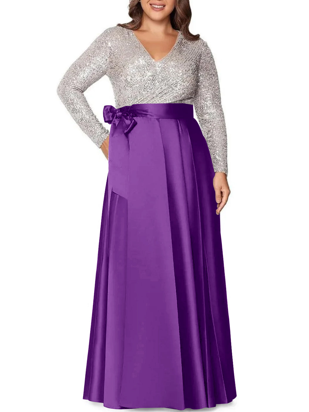V-Neck A-Line Princess Floor-Length Plus Size Mother of the Bride Dress With Long Sleeves and Pocket Sequins