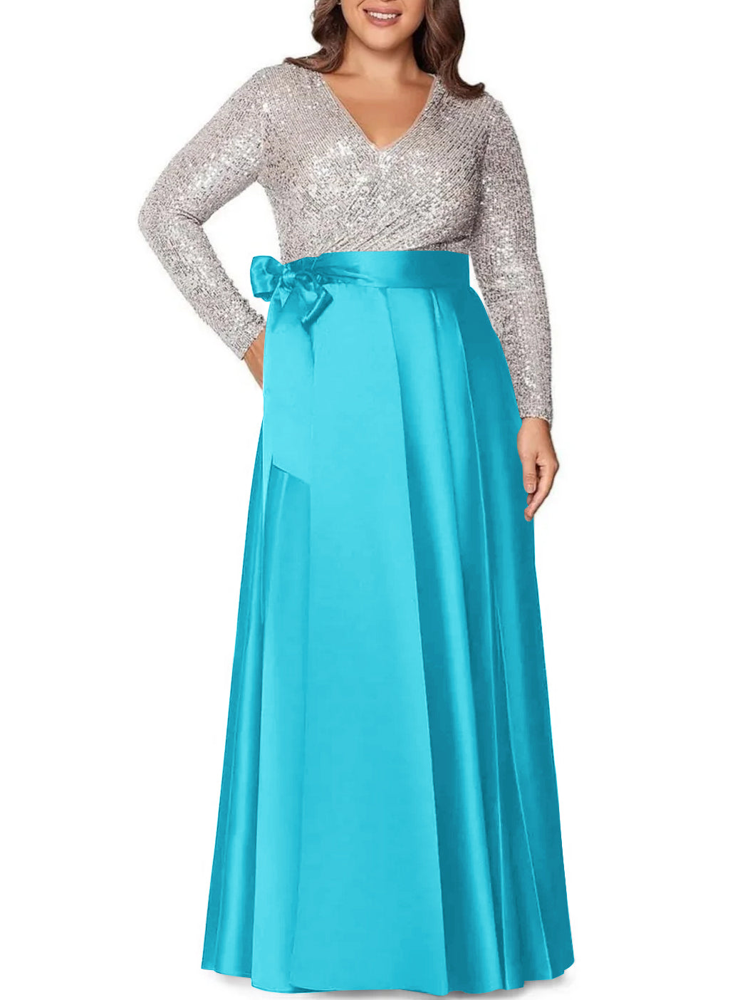 V-Neck A-Line Princess Floor-Length Plus Size Mother of the Bride Dress With Long Sleeves and Pocket Sequins