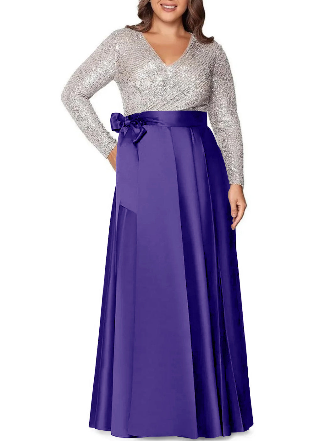 V-Neck A-Line Princess Floor-Length Plus Size Mother of the Bride Dress With Long Sleeves and Pocket Sequins