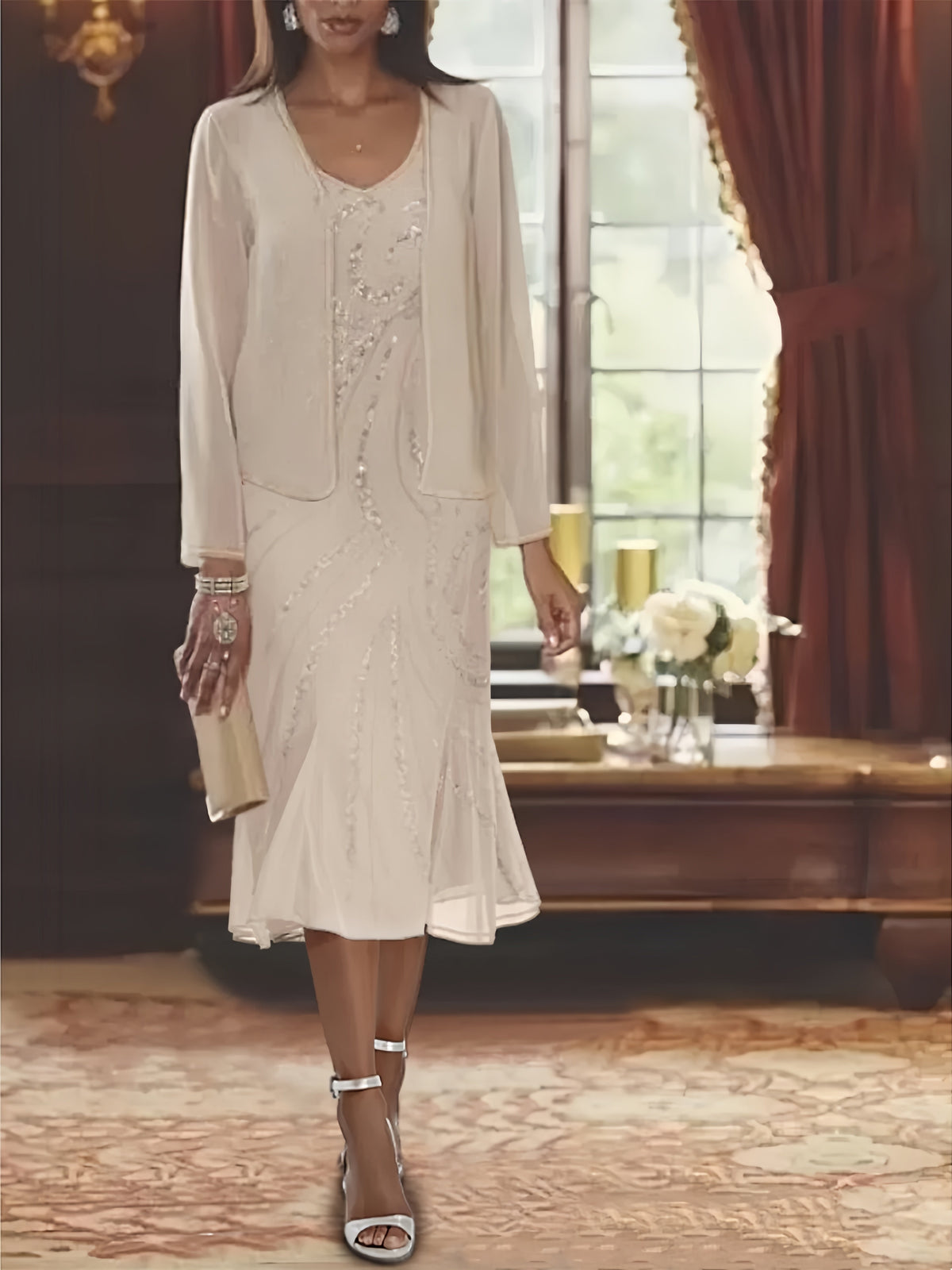 2-Piece V-Neck Chiffon Mother of the Bride Dress Set with Knee-Length Jacket and Sequins