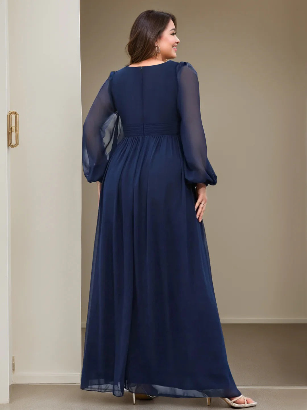 Floor-Length V-Neck A-Line Princess Gown with Ruffles for the Mother of the Bride