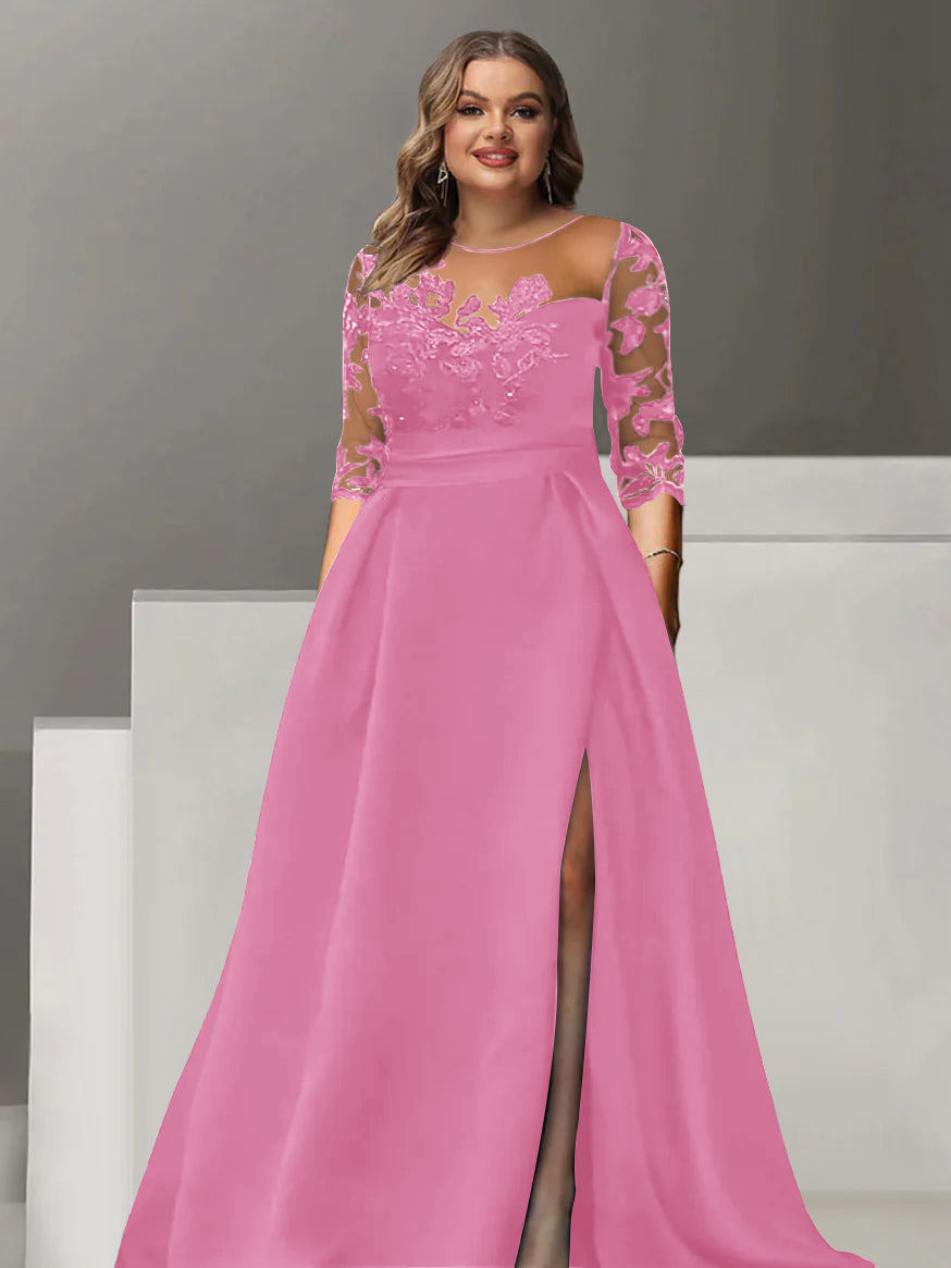 Sweetheart A-Line Princess Floor-Length Plus Size Mother of the Bride Dress with 3/4 Sleeves Lace & Side Split