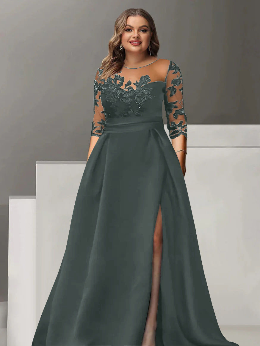 Sweetheart A-Line Princess Floor-Length Plus Size Mother of the Bride Dress with 3/4 Sleeves Lace & Side Split