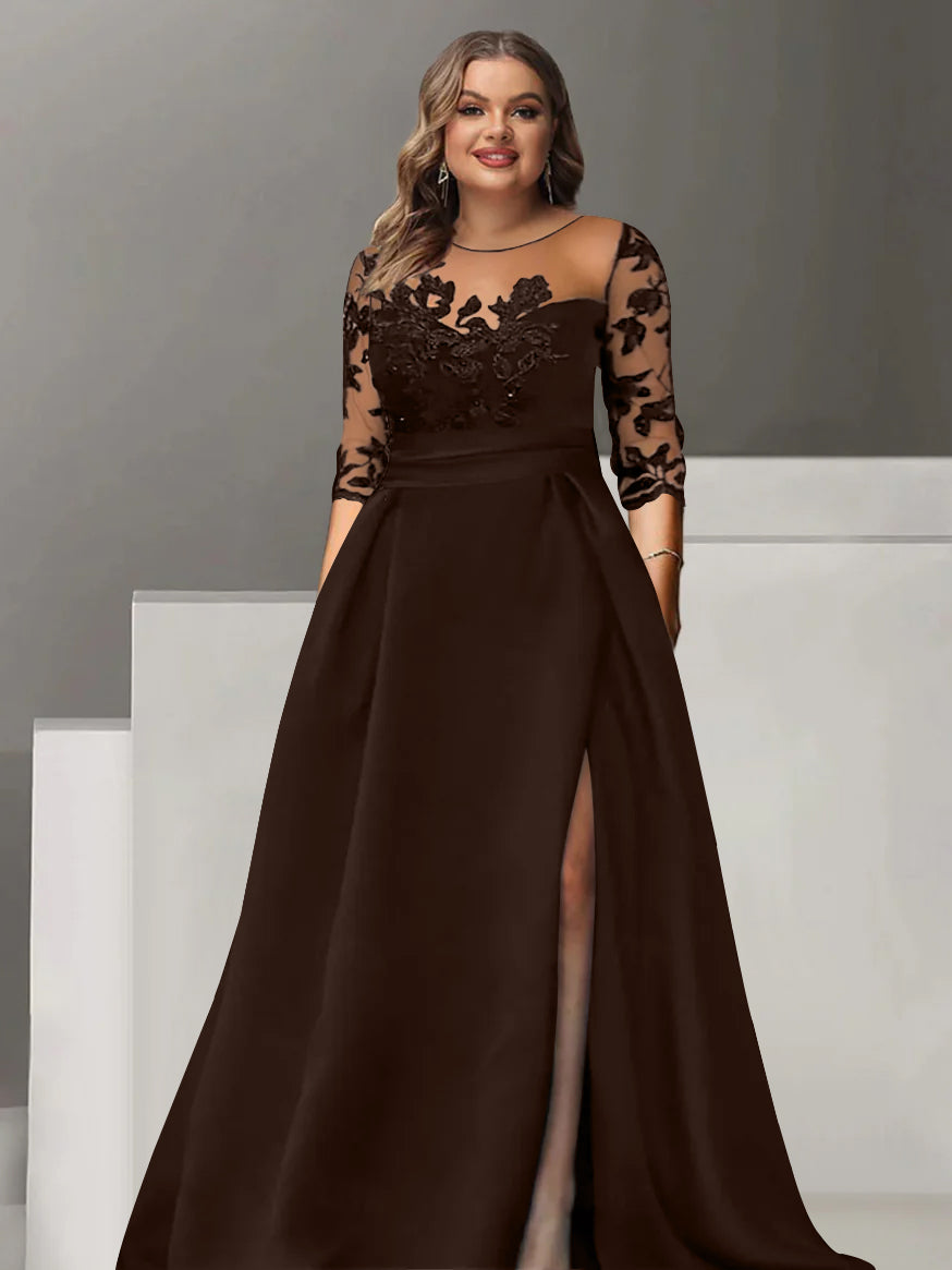 Sweetheart A-Line Princess Floor-Length Plus Size Mother of the Bride Dress with 3/4 Sleeves Lace & Side Split