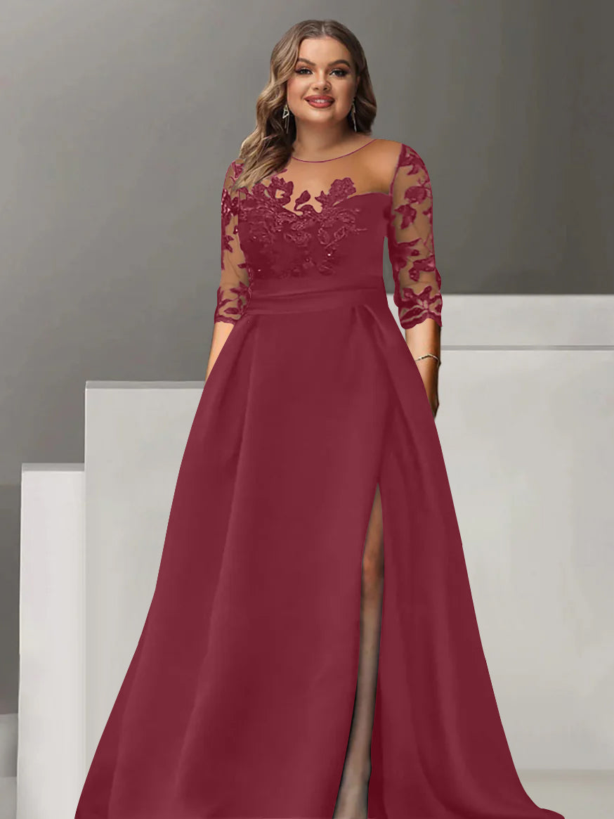 Sweetheart A-Line Princess Floor-Length Plus Size Mother of the Bride Dress with 3/4 Sleeves Lace & Side Split