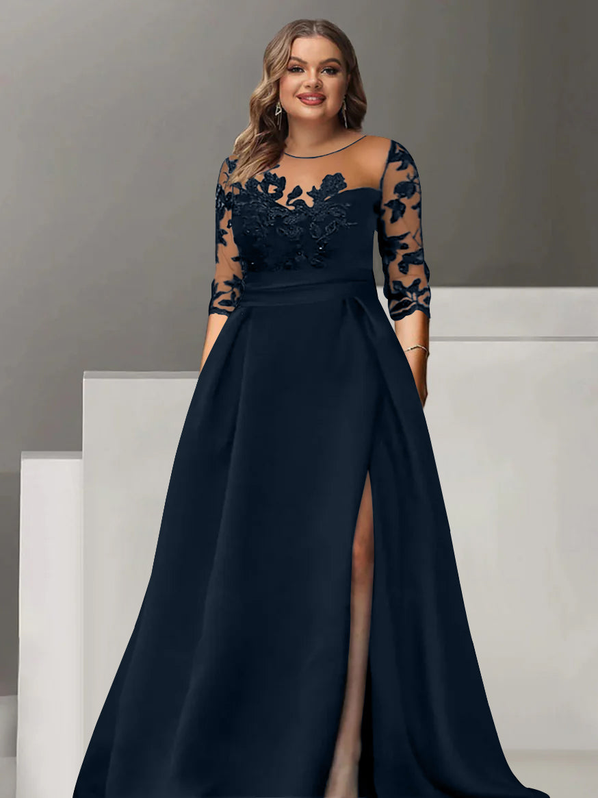Sweetheart A-Line Princess Floor-Length Plus Size Mother of the Bride Dress with 3/4 Sleeves Lace & Side Split