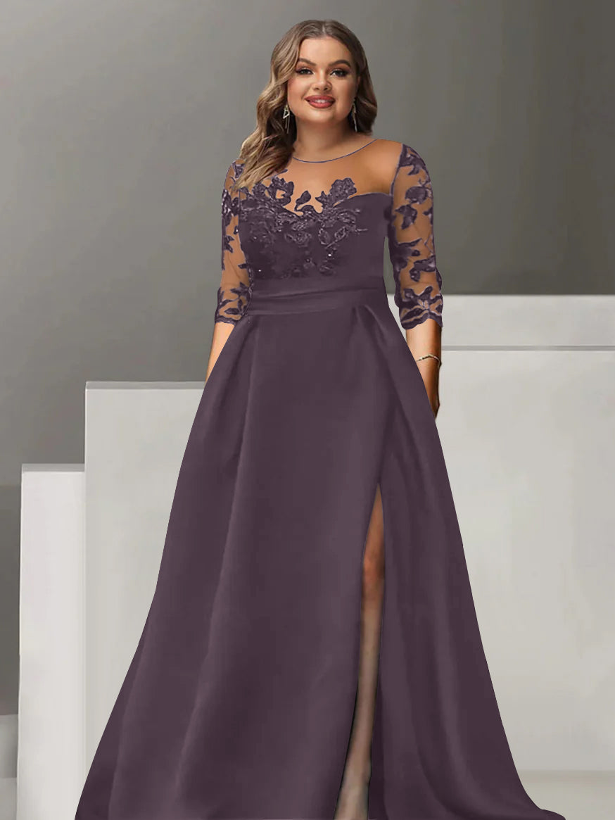 Sweetheart A-Line Princess Floor-Length Plus Size Mother of the Bride Dress with 3/4 Sleeves Lace & Side Split