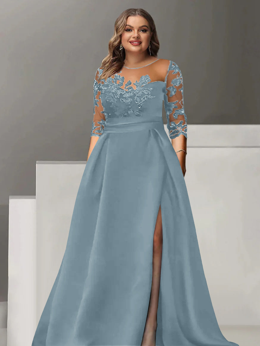 Sweetheart A-Line Princess Floor-Length Plus Size Mother of the Bride Dress with 3/4 Sleeves Lace & Side Split