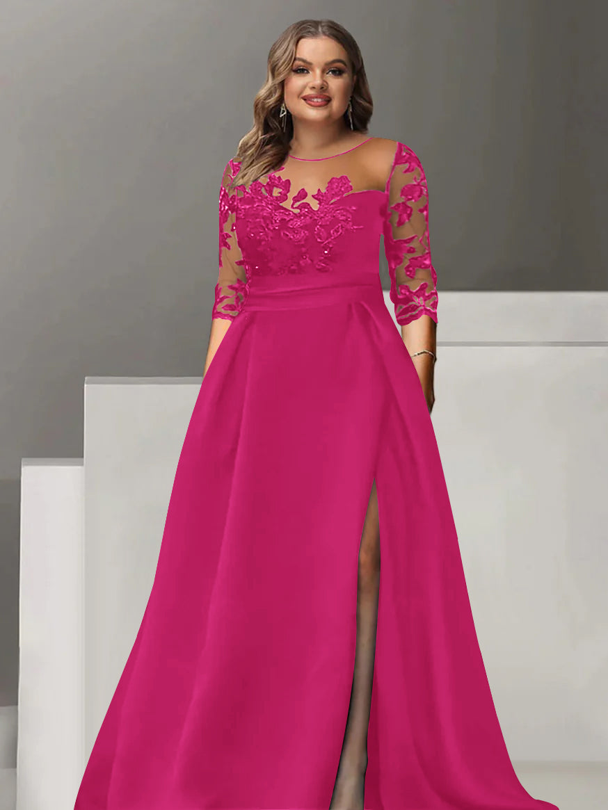 Sweetheart A-Line Princess Floor-Length Plus Size Mother of the Bride Dress with 3/4 Sleeves Lace & Side Split