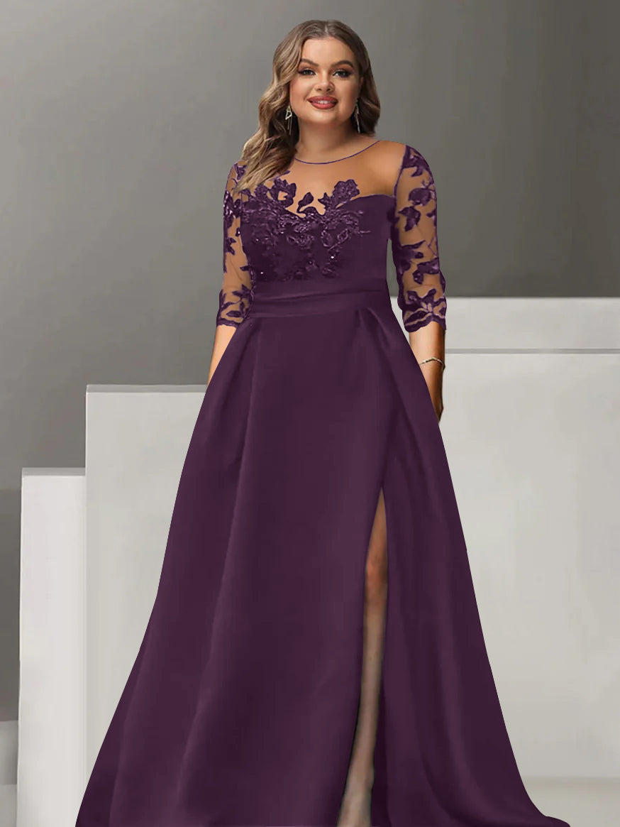 Sweetheart A-Line Princess Floor-Length Plus Size Mother of the Bride Dress with 3/4 Sleeves Lace & Side Split