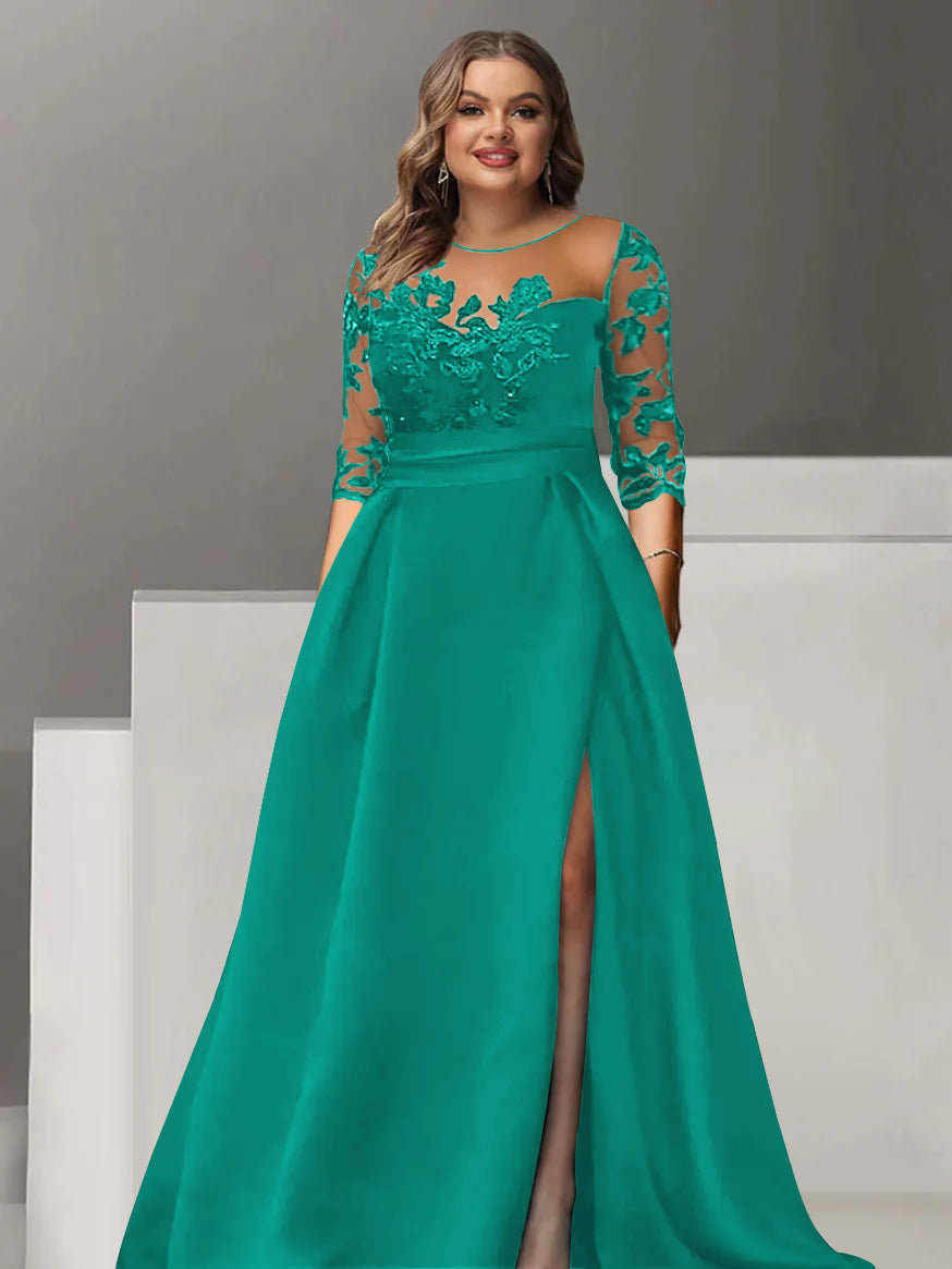 Sweetheart A-Line Princess Floor-Length Plus Size Mother of the Bride Dress with 3/4 Sleeves Lace & Side Split