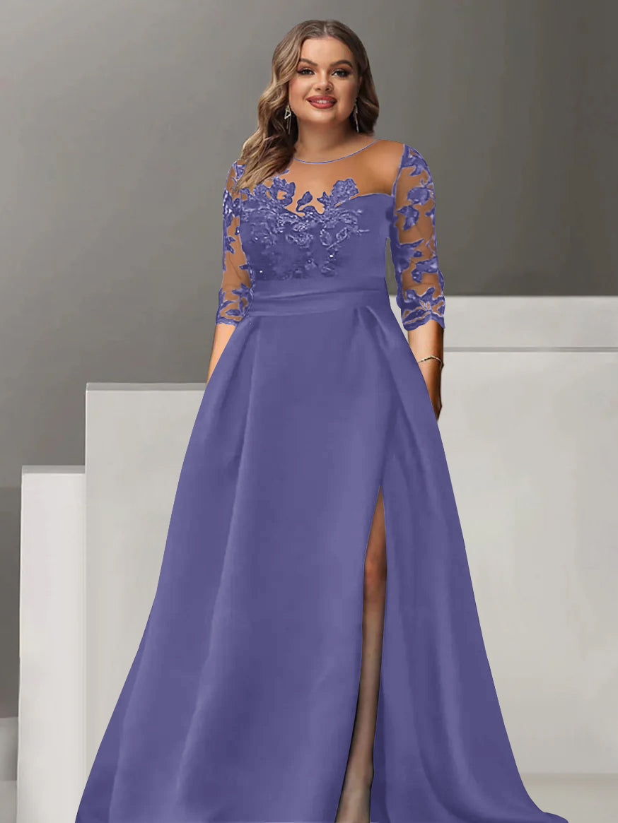 Sweetheart A-Line Princess Floor-Length Plus Size Mother of the Bride Dress with 3/4 Sleeves Lace & Side Split