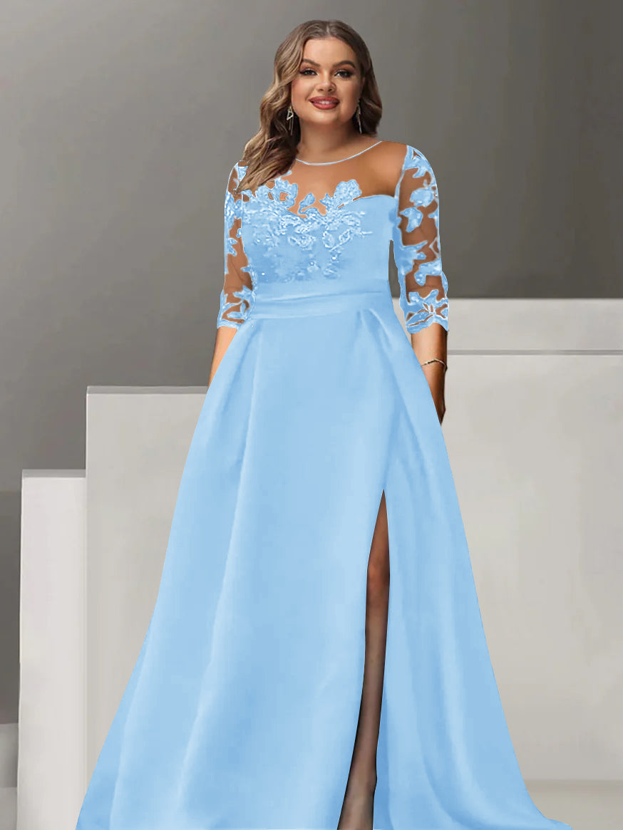 Sweetheart A-Line Princess Floor-Length Plus Size Mother of the Bride Dress with 3/4 Sleeves Lace & Side Split