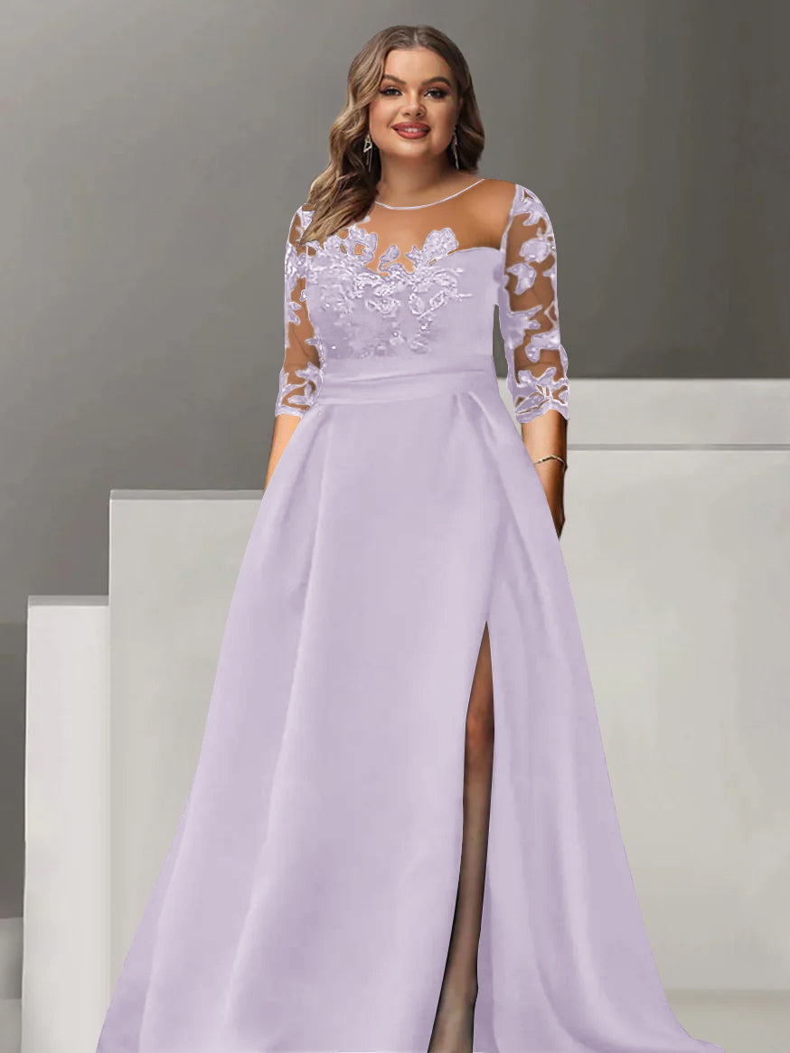 Sweetheart A-Line Princess Floor-Length Plus Size Mother of the Bride Dress with 3/4 Sleeves Lace & Side Split