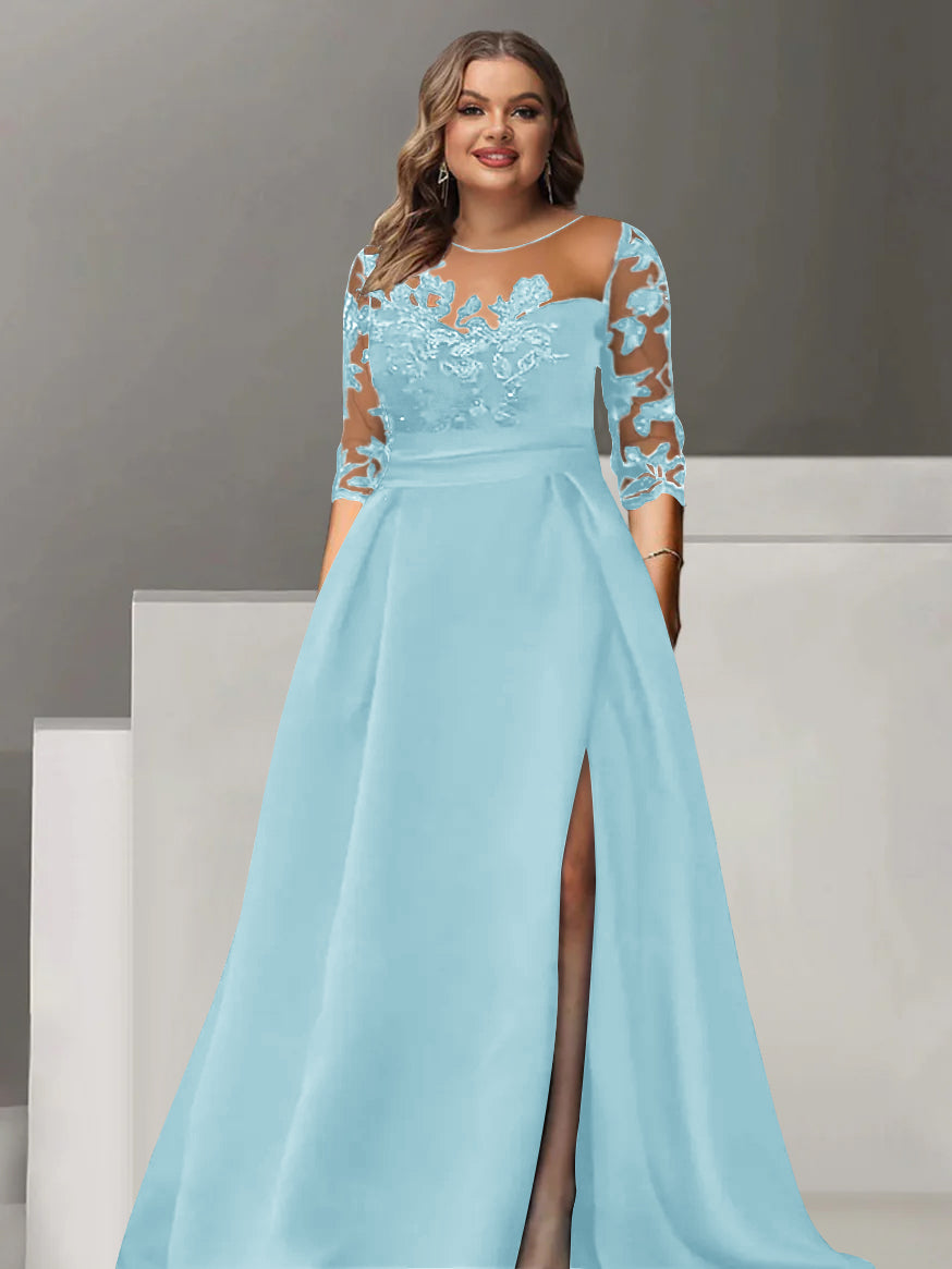 Sweetheart A-Line Princess Floor-Length Plus Size Mother of the Bride Dress with 3/4 Sleeves Lace & Side Split