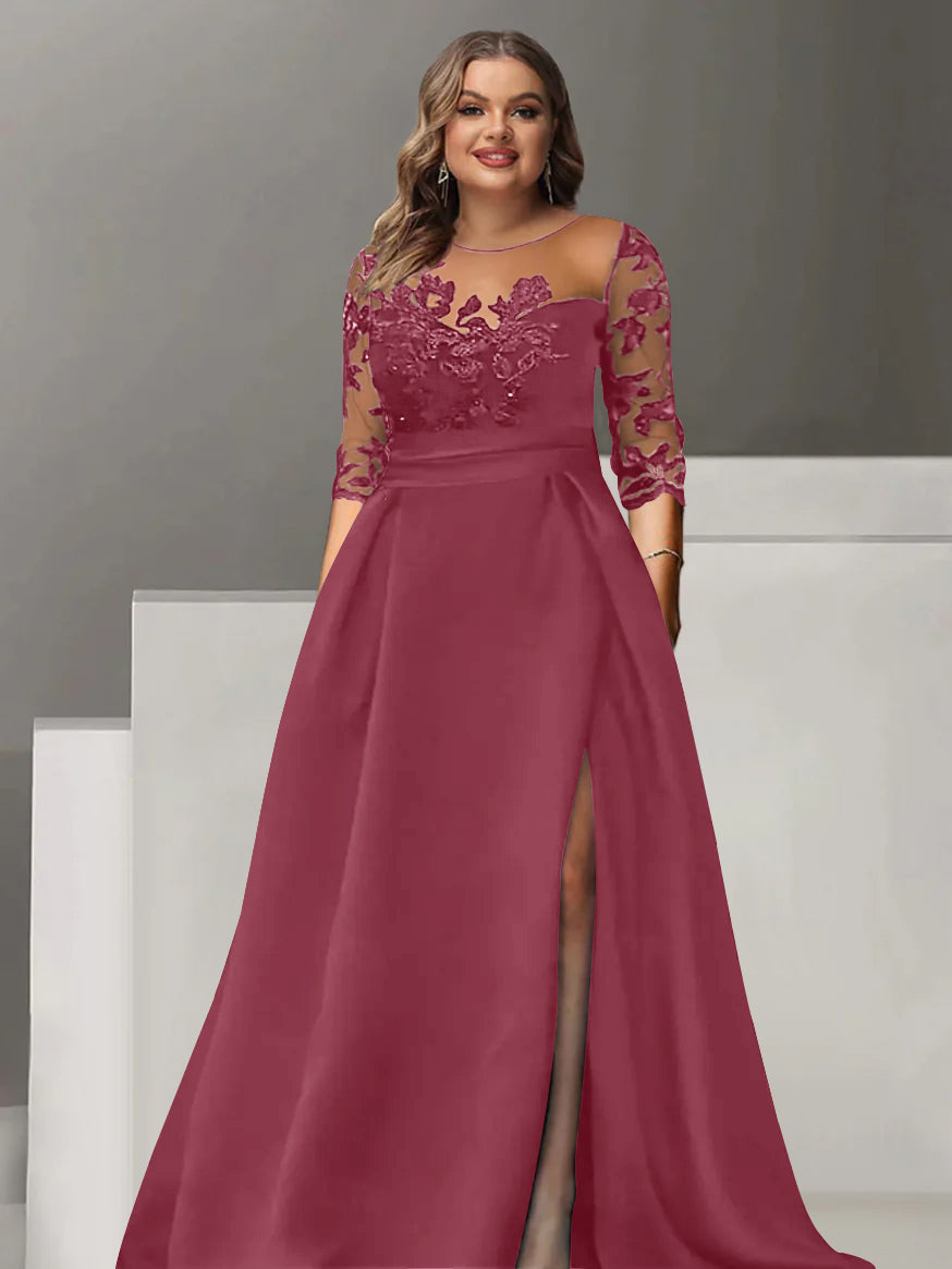 Sweetheart A-Line Princess Floor-Length Plus Size Mother of the Bride Dress with 3/4 Sleeves Lace & Side Split