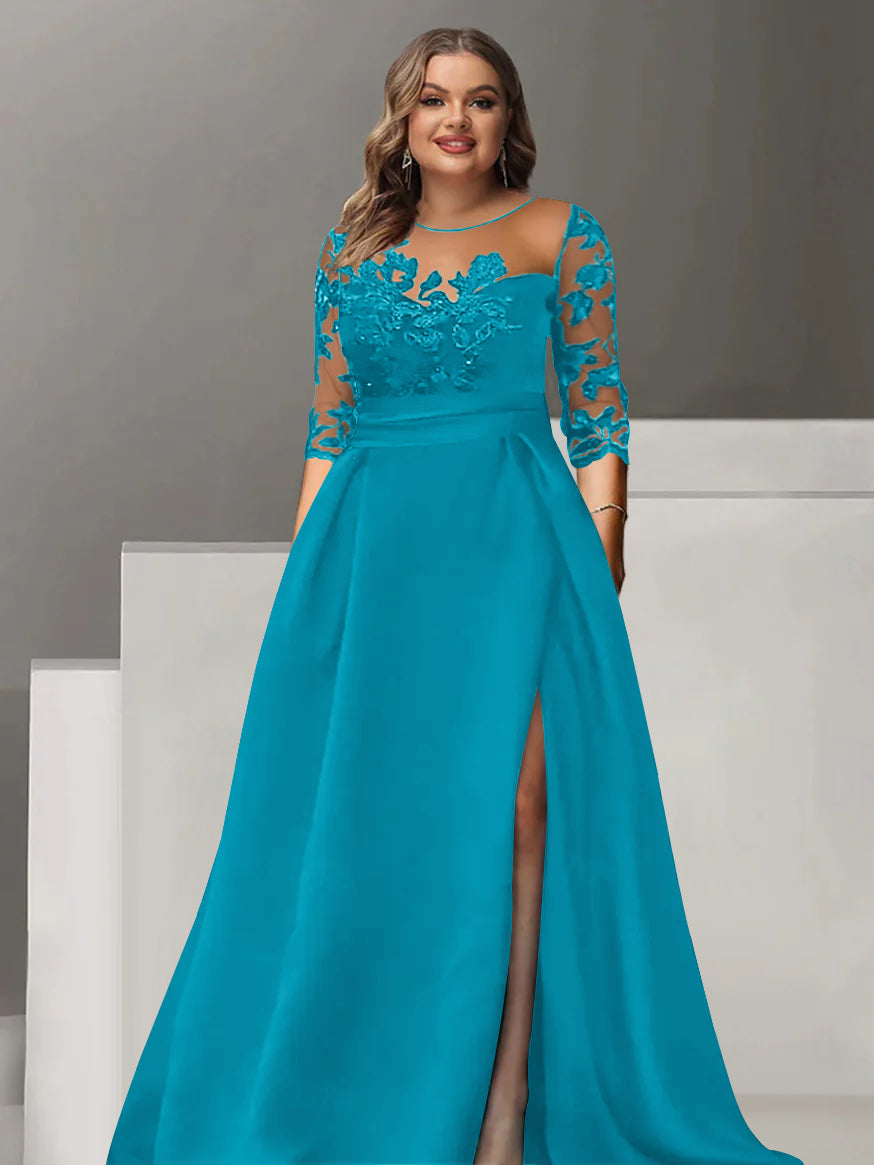 Sweetheart A-Line Princess Floor-Length Plus Size Mother of the Bride Dress with 3/4 Sleeves Lace & Side Split