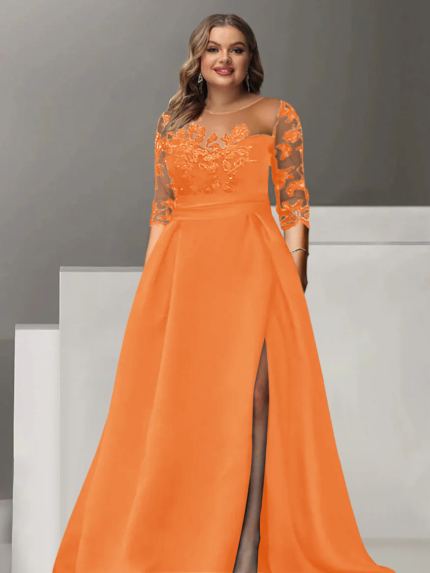Sweetheart A-Line Princess Floor-Length Plus Size Mother of the Bride Dress with 3/4 Sleeves Lace & Side Split